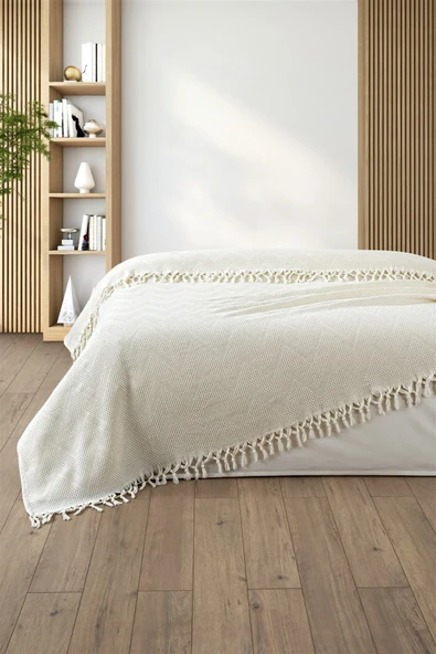 Sevim %100 Pamuk Çift Kişilik Bağlama Saçaklı Pike-220x240 cm-Jakarlı Waffle Pike - 5