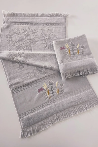 Sevim 2'li Nakışlı Kadife El Yüz Havlusu - %100 Pamuk Jakarlı & Çiçekli - 11