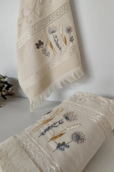 Sevim 2'li Nakışlı Kadife El Yüz Havlusu - %100 Pamuk Jakarlı & Çiçekli - 2