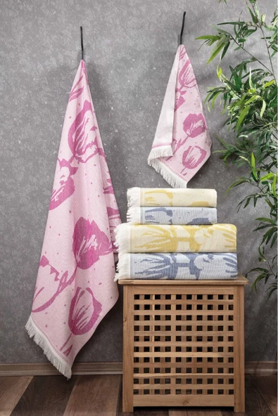 Sevim %100 Pamuk Saçaklı Jakarlı Lale Desenli Peştemal ve Peşkir Takımı