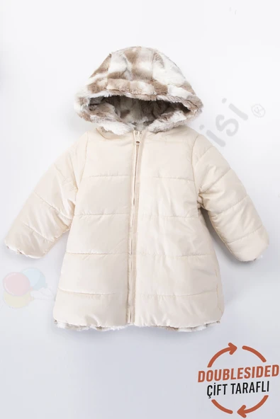 Çift Taraflı içi Kürklü Peluş Şişme Fermuarlı Kalın Kar Kapüşonlu Kışlık Kız Bebek Mont Çocuk Kaban - 5