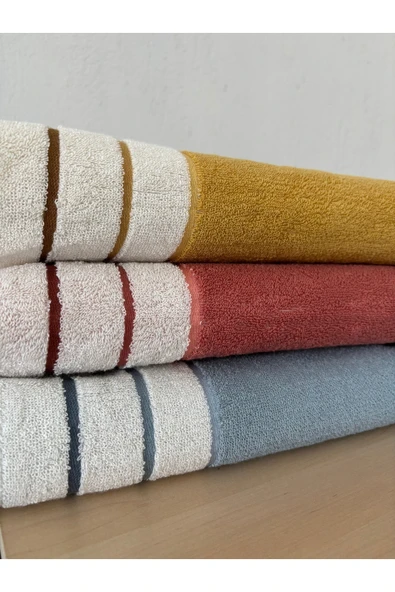Sevim İpliği Boyalı Ucu Çizgili Banyo Havlusu - %100 Pamuk & Yumuşak - 90x150 Cm - 7