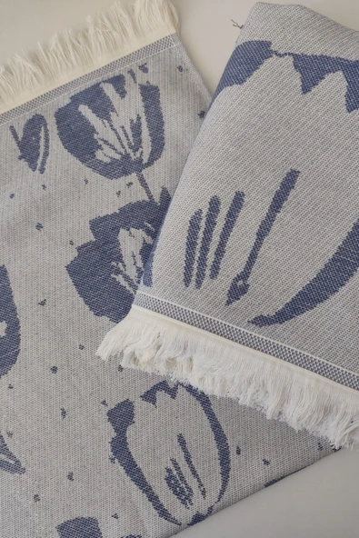 Sevim %100 Pamuk Saçaklı Jakarlı Lale Desenli Peştemal ve Peşkir Takımı - 11