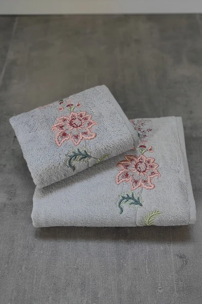 Sevim Tivoli Bambu 2'li Banyo Havlusu, - Yumuşak & Yüksek Su Emici - Çiçek Nakışlı Çeyiz Seti - Julia Gri ürün görseli