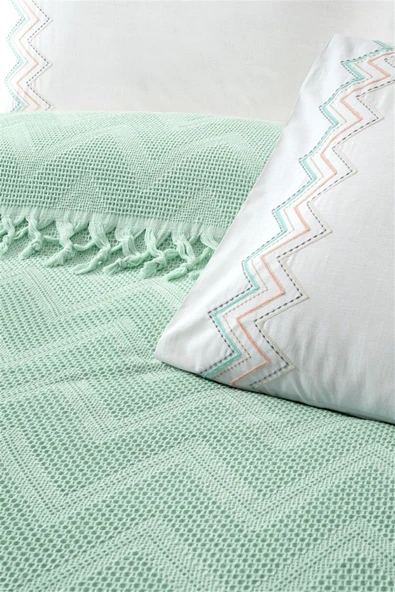 Sevim Jakarlı Bağlama Saçaklı Waffle Pike Takımı-Petekli Pike Seti-Delfina - Resim 2