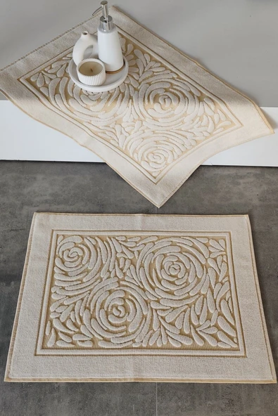 Sevim 2'li Ayak Havlusu Seti - Zemini Renkli & Üç Boyutlu - %100 Pamuk - Su Emici