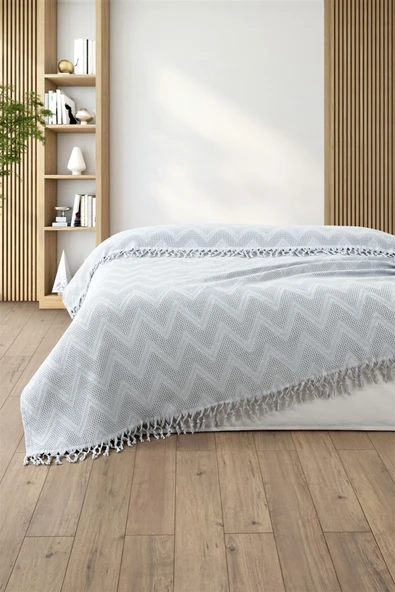 Sevim %100 Pamuk Çift Kişilik Bağlama Saçaklı Pike-220x240 cm-Jakarlı Waffle Pike - 9
