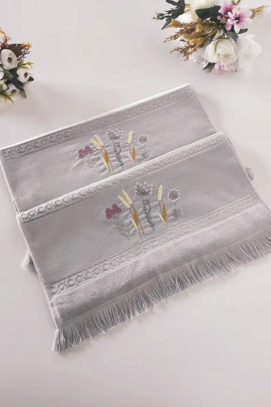 Sevim 2'li Nakışlı Kadife El Yüz Havlusu - %100 Pamuk Jakarlı & Çiçekli - 12