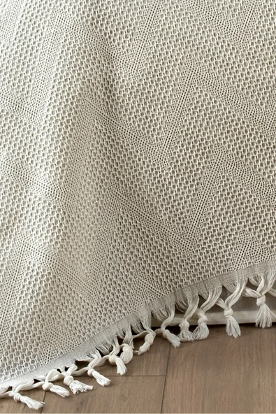 Sevim %100 Pamuk Çift Kişilik Bağlama Saçaklı Pike-220x240 cm-Jakarlı Waffle Pike - 6