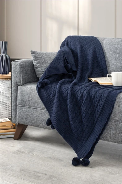 Sevim Ponponlu Triko Örme Tv Battaniyesi-Omuz Koltuk Şalı, Diz Battaniyesi-130x170 cm - Resim 3