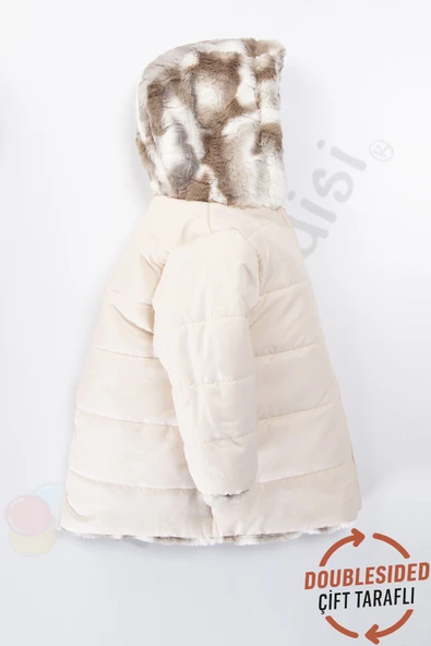Çift Taraflı içi Kürklü Peluş Şişme Fermuarlı Kalın Kar Kapüşonlu Kışlık Kız Bebek Mont Çocuk Kaban - 8