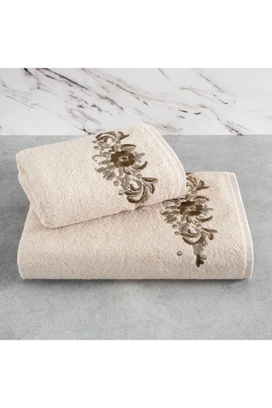 Sevim 2'li Nakışlı & Bambu Banyo Havlu Seti - Çiçek Desenli & Çeyizlik & Kutulu Havlu - Tivoli Elise - 10