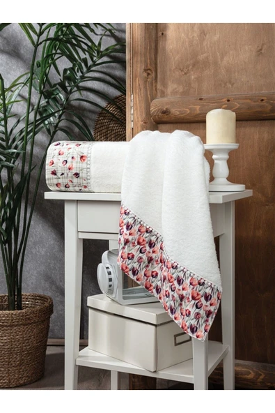 Sevim 2'li Set Bambu Banyo Havlusu - Lale Baskılı Pamuk Saten Havlu - Süper Emici - Tivoli - Tulipano