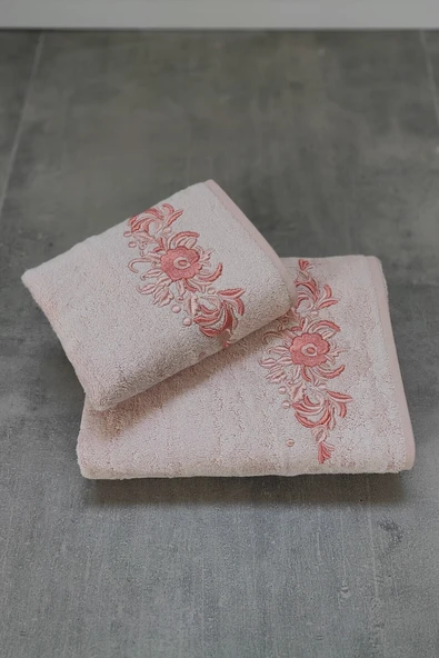 Sevim 2'li Nakışlı & Bambu Banyo Havlu Seti - Çiçek Desenli & Çeyizlik & Kutulu Havlu - Tivoli Elise - 4