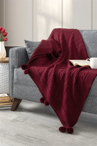 Sevim Ponponlu Triko Örme Tv Battaniyesi-Omuz Koltuk Şalı, Diz Battaniyesi-130x170 cm - Resim 5