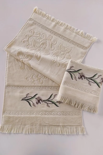 Sevim 2'li Kanaviçe Gül Nakışlı Jakarlı Kadife El Yüz Havlusu - 50x90 Cm - Resim 12