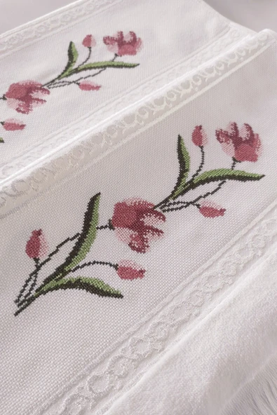 Sevim 2'li Kanaviçe Gül Nakışlı Jakarlı Kadife El Yüz Havlusu - 50x90 Cm - Resim 4