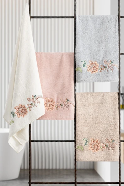 Sevim Tivoli Bambu 2'li Banyo Havlusu, - Yumuşak & Yüksek Su Emici - Çiçek Nakışlı Çeyiz Seti - Julia Gri - Resim 3