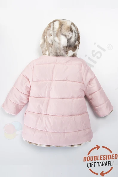 Çift Taraflı içi Kürklü Peluş Şişme Fermuarlı Kalın Kar Kapüşonlu Kışlık Kız Bebek Mont Çocuk Kaban - 3