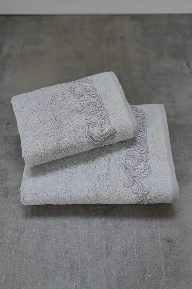 Sevim Bambu Yumuşak & Su Emici Tivoli Cloé Havlu - Gri Rengi Nakışlı Havlu Modelleri - 2'li Set ürün görseli