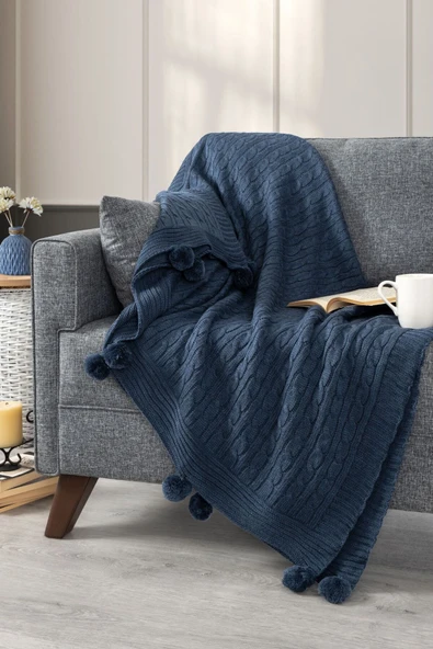 Sevim Ponponlu Triko Örme Tv Battaniyesi-Omuz Koltuk Şalı, Diz Battaniyesi-130x170 cm - Resim 8