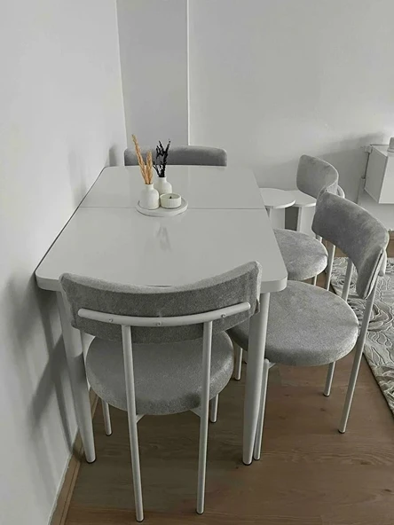 Asesva Serisi 80x132 MDF Beyaz Masa Metal Ayaklı Açılabilir Üst Kalite Mutfak Masası,Yemek Masası - 7