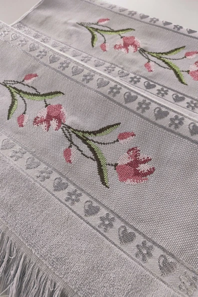 Sevim 2'li Kanaviçe Gül Nakışlı Jakarlı Kadife El Yüz Havlusu - 50x90 Cm ürün görseli