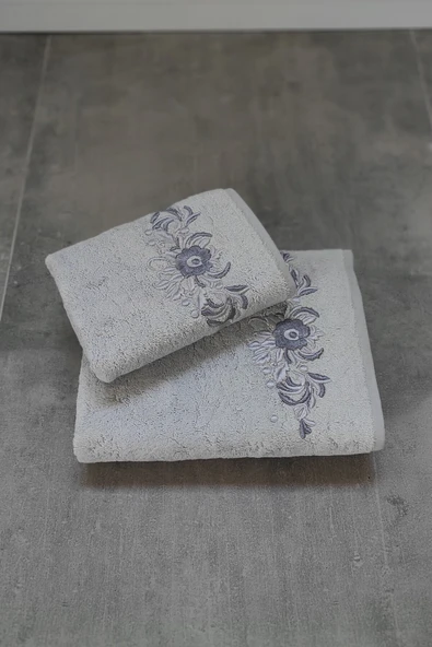 Sevim 2'li Nakışlı & Bambu Banyo Havlu Seti - Çiçek Desenli & Çeyizlik & Kutulu Havlu - Tivoli Elise
