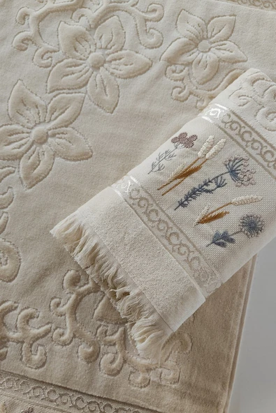 Sevim 2'li Nakışlı Kadife El Yüz Havlusu - %100 Pamuk Jakarlı & Çiçekli - 3