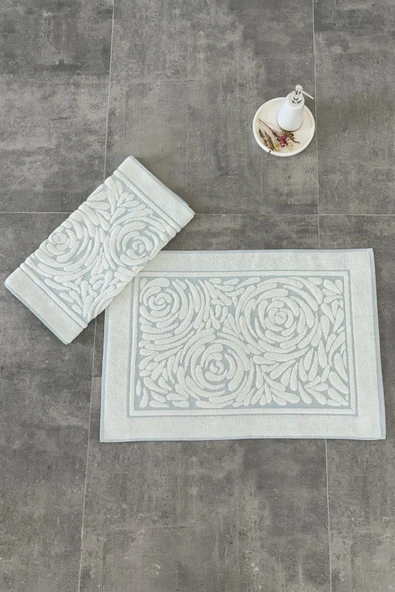 Sevim 2'li Ayak Havlusu Seti - Zemini Renkli & Üç Boyutlu - %100 Pamuk - Su Emici - 7