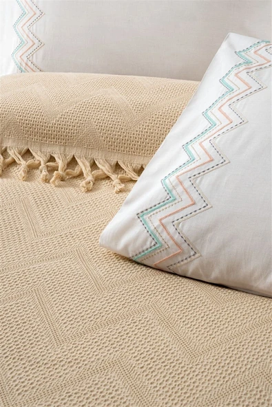 Sevim Jakarlı Bağlama Saçaklı Waffle Pike Takımı-Petekli Pike Seti-Delfina - Resim 6