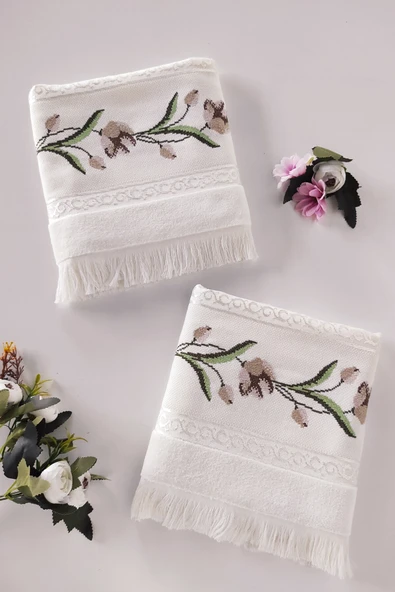 Sevim 2'li Kanaviçe Gül Nakışlı Jakarlı Kadife El Yüz Havlusu - 50x90 Cm - Resim 9