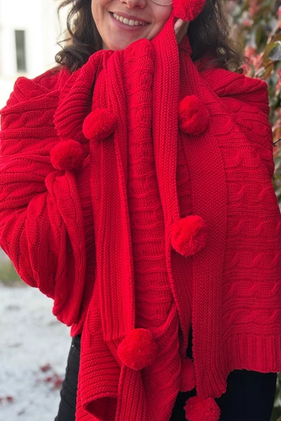 Sevim Ponponlu Triko Örme Tv Battaniyesi-Omuz Koltuk Şalı, Diz Battaniyesi-130x170 cm - Resim 12