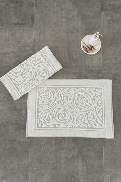 Sevim 2'li Ayak Havlusu Seti - Zemini Renkli & Üç Boyutlu - %100 Pamuk - Su Emici - 4