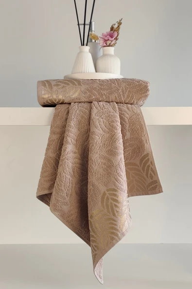 Sevim 2'li Jakarlı Yaprak Desenli %100 Pamuk El Yüz Havlusu-50x90cm - Resim 3