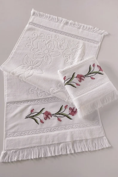 Sevim 2'li Kanaviçe Gül Nakışlı Jakarlı Kadife El Yüz Havlusu - 50x90 Cm - Resim 5