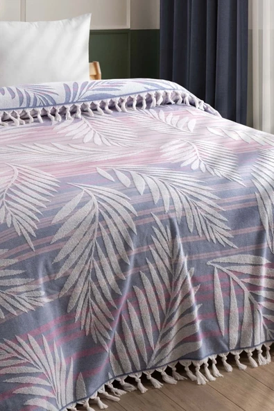 Sevim %100 Pamuk Çift Kişilik Püsküllü Havlu Yatak Örtüsü - Saçaklı & Yumuşak - Hardal Çizgili İndigo - 8