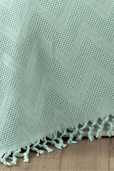 Sevim %100 Pamuk Çift Kişilik Bağlama Saçaklı Pike-220x240 cm-Jakarlı Waffle Pike - 4