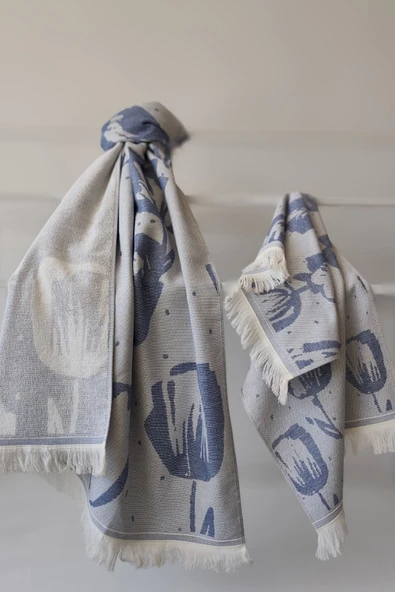 Sevim %100 Pamuk Saçaklı Jakarlı Lale Desenli Peştemal ve Peşkir Takımı - 7