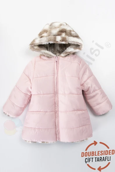Çift Taraflı içi Kürklü Peluş Şişme Fermuarlı Kalın Kar Kapüşonlu Kışlık Kız Bebek Mont Çocuk Kaban