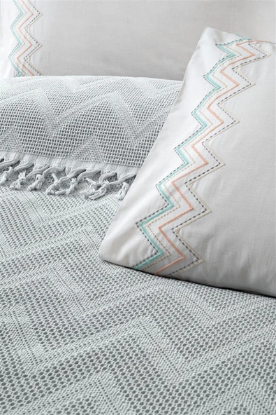 Sevim Jakarlı Bağlama Saçaklı Waffle Pike Takımı-Petekli Pike Seti-Delfina - Resim 4