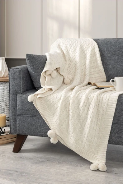 Sevim Ponponlu Triko Örme Tv Battaniyesi-Omuz Koltuk Şalı, Diz Battaniyesi-130x170 cm - Resim 2