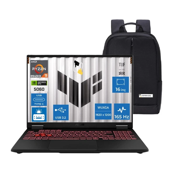 Tuf Gaming A16 FA608PM-RV010 Amd Ryzen 9 8940HX 32GB 1tb SSD RTX5060-8GB 115W Freedos 16" 165Hz Wuxga Taşınabilir Bilgisayar+Snertech Çanta ürün görseli