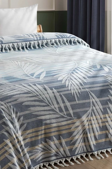 Sevim %100 Pamuk Çift Kişilik Püsküllü Havlu Yatak Örtüsü - Saçaklı & Yumuşak - Hardal Çizgili İndigo - 2