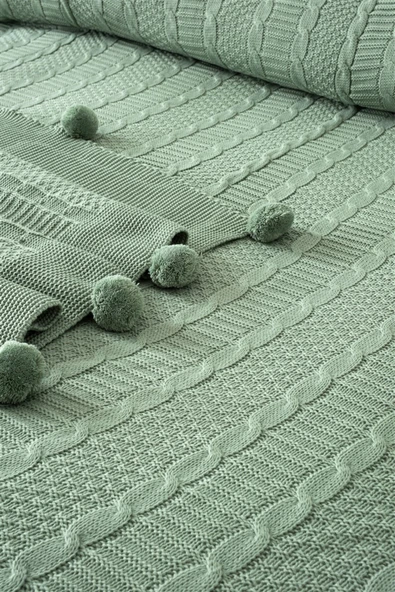 Sevim Çift Kişilik Ponponlu Triko Örme Battaniye - Yumuşak Doku & Şık Tasarım - Mint Yeşili - 220x240 cm - 2