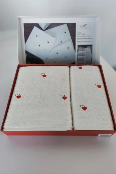 Sevim 2'li Kalp Nakışlı Bambu Banyo Havlu Seti - Yumuşak & Şık - 2'li Çeyizlik Havlu Takımı - Tivoli ürün görseli 1