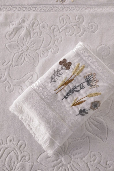 Sevim 2'li Nakışlı Kadife El Yüz Havlusu - %100 Pamuk Jakarlı & Çiçekli - 7