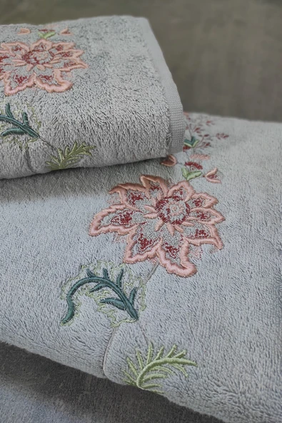 Sevim Tivoli Bambu 2'li Banyo Havlusu, - Yumuşak & Yüksek Su Emici - Çiçek Nakışlı Çeyiz Seti - Julia Gri - Resim 2