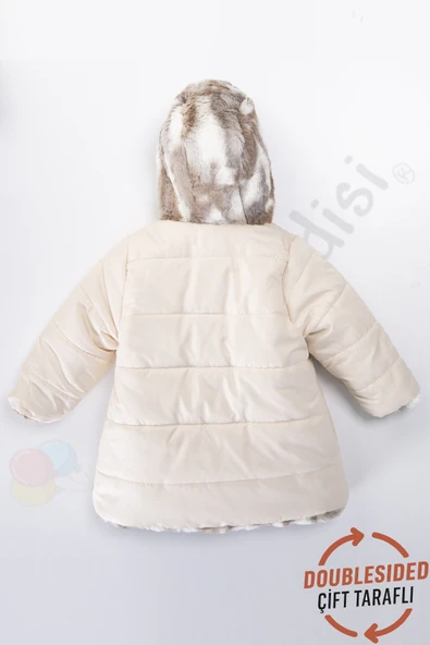 Çift Taraflı içi Kürklü Peluş Şişme Fermuarlı Kalın Kar Kapüşonlu Kışlık Kız Bebek Mont Çocuk Kaban - 7