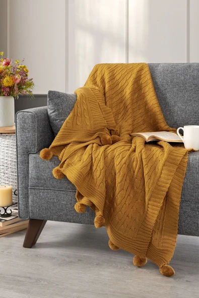 Sevim Ponponlu Triko Örme Tv Battaniyesi-Omuz Koltuk Şalı, Diz Battaniyesi-130x170 cm - Resim 11